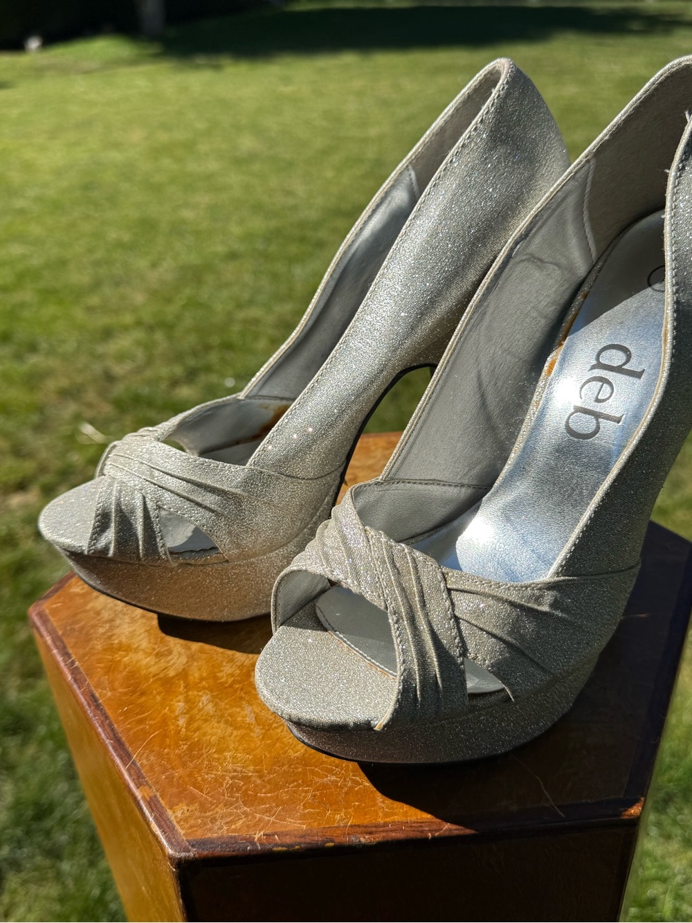 Deb Silver Glitter Peep-Toe Platform Pumps